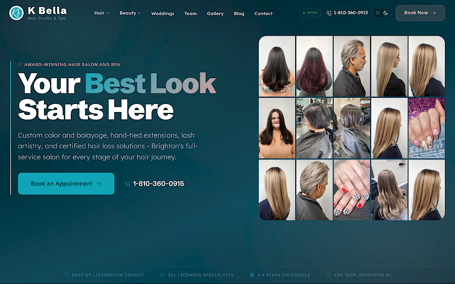 K Bella Hair Studio &amp; Spa - Full Site Redesign desktop screenshot