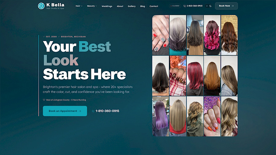 K Bella Hair Studio &amp; Spa - Full Site Redesign desktop screenshot