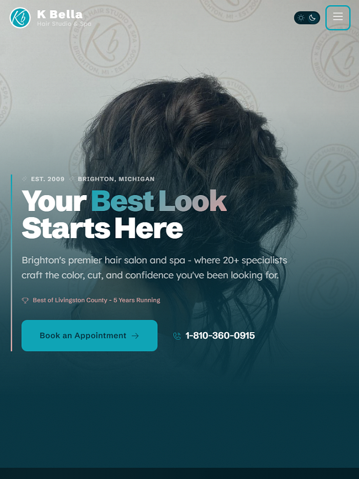 K Bella Hair Studio &amp; Spa - Full Site Redesign tablet view