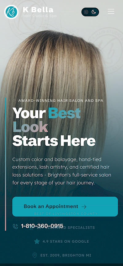 K Bella Hair Studio &amp; Spa - Full Site Redesign mobile screenshot