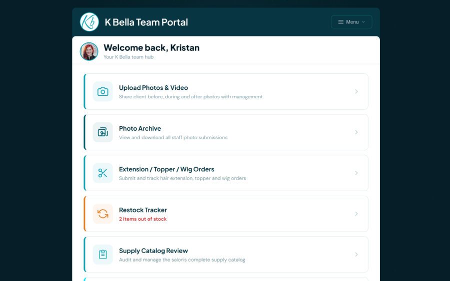 K Bella Team Portal - Staff Management App desktop screenshot