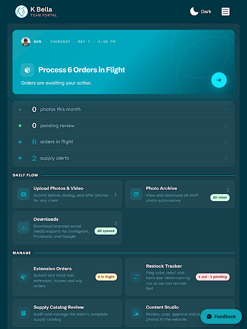 K Bella Team Portal - Staff Management App tablet screenshot