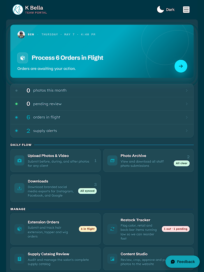 K Bella Team Portal - Staff Management App tablet view